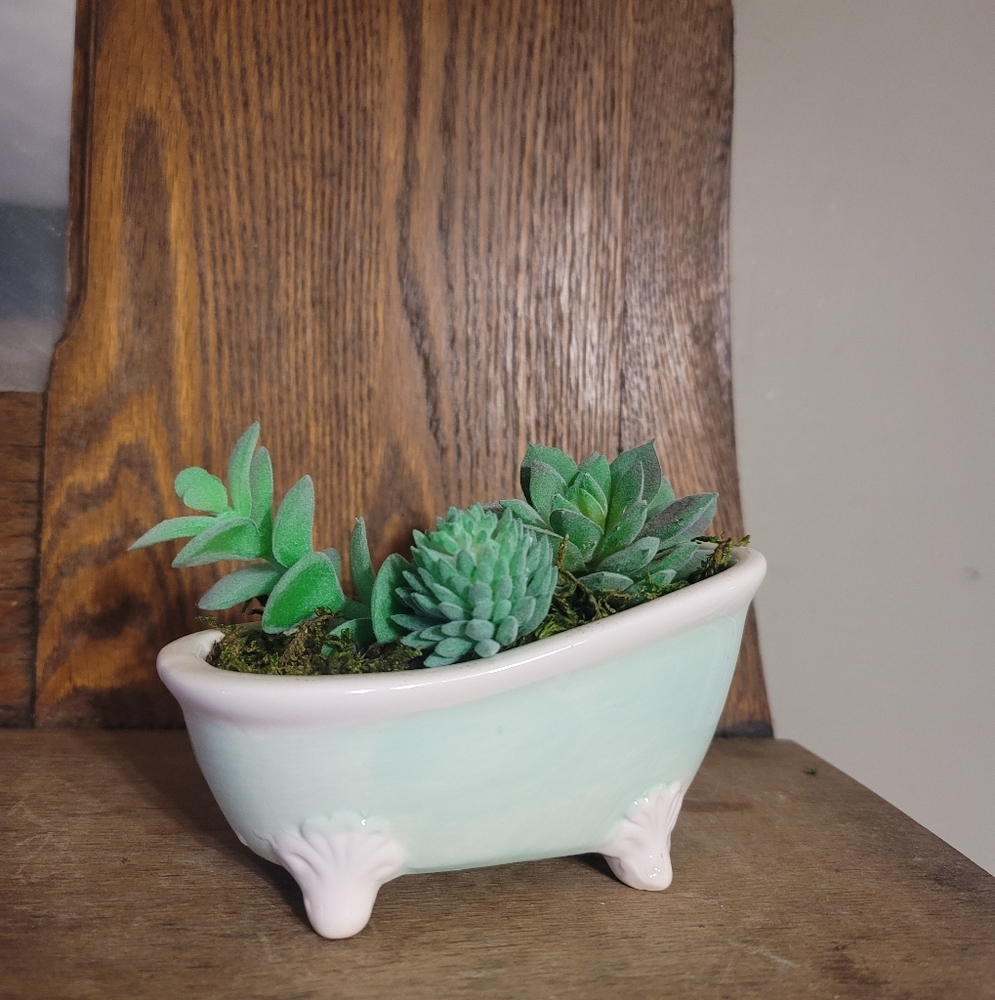 Clawtub Planter with Faux Succulent & Moss Arrangement